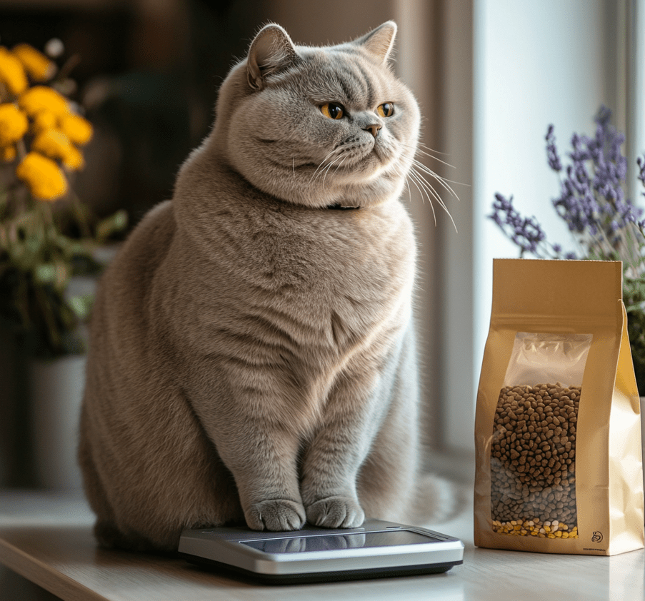 An overweight British Shorthair cat sitting on a scale in a home setting. The background includes a bag of cat food and an activity toy, symbolizing both diet and exercise.
