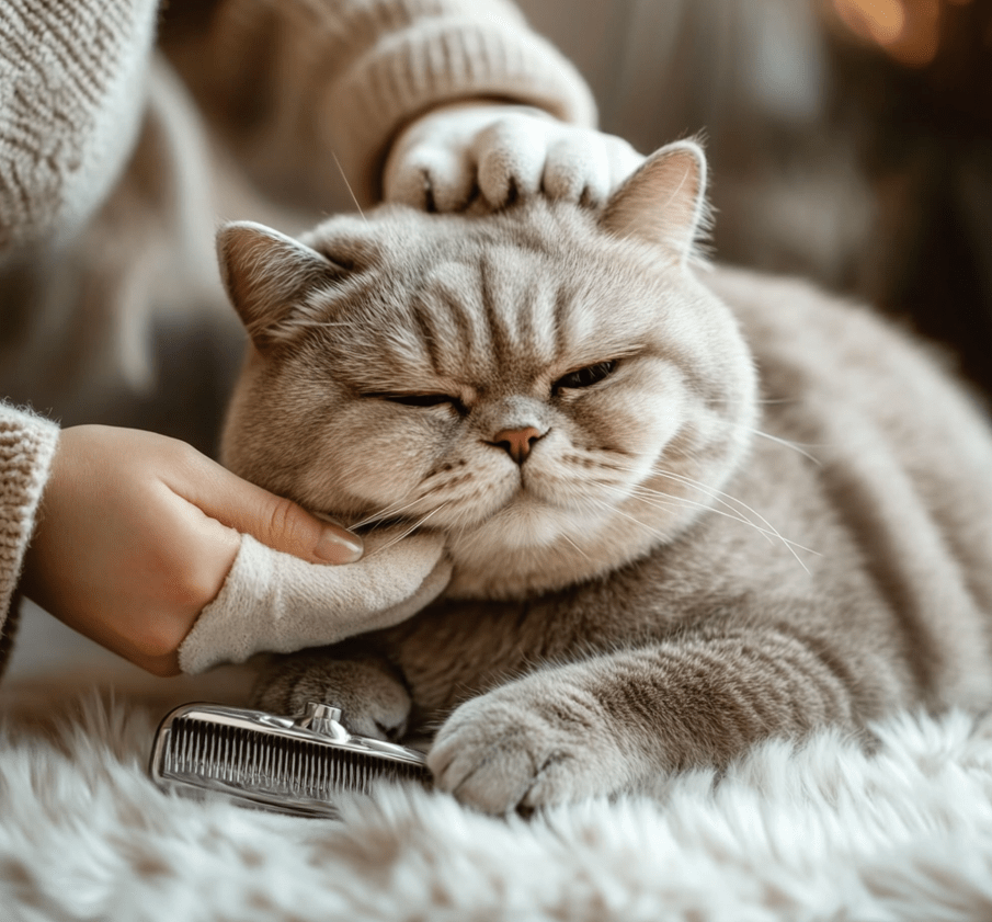 A cheerful British Shorthair cat being brushed with grooming gloves by its owner. The setting is a well-lit and tidy living room, with a grooming kit visible in the background.
