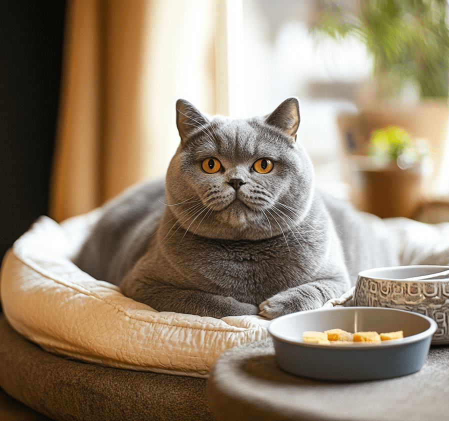 A healthy and happy British Shorthair cat lounging on a soft bed with a small food bowl and water dish nearby. The scene exudes a sense of contentment and care.
