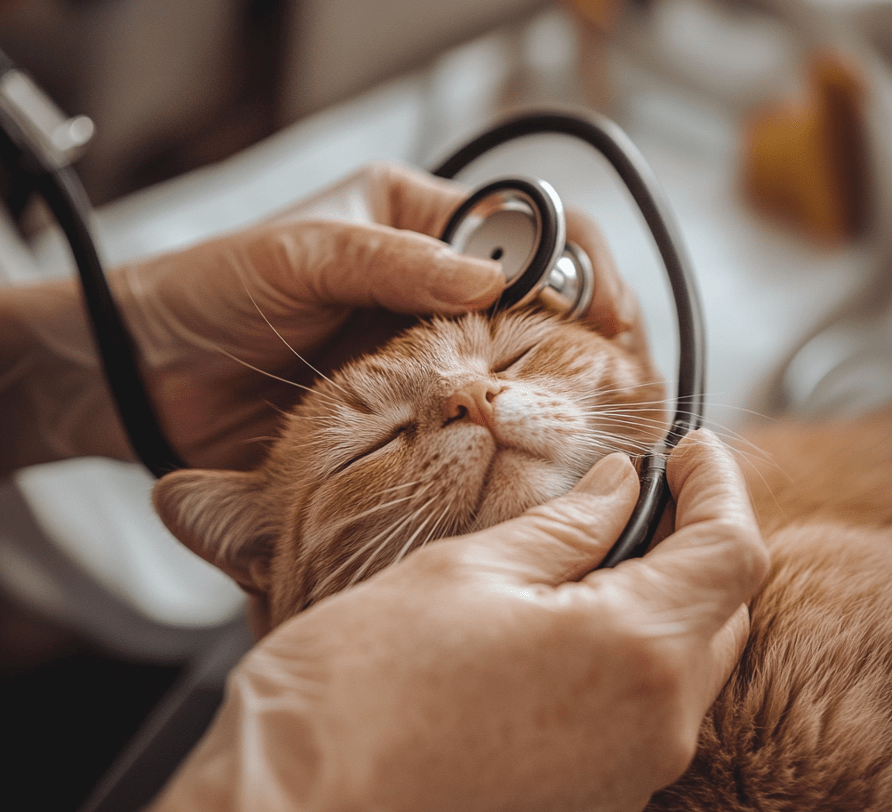 An image showing a cat being examined by a veterinarian. The vet should be gently interacting with the cat while observing its health, with a focus on calm and careful handling. 