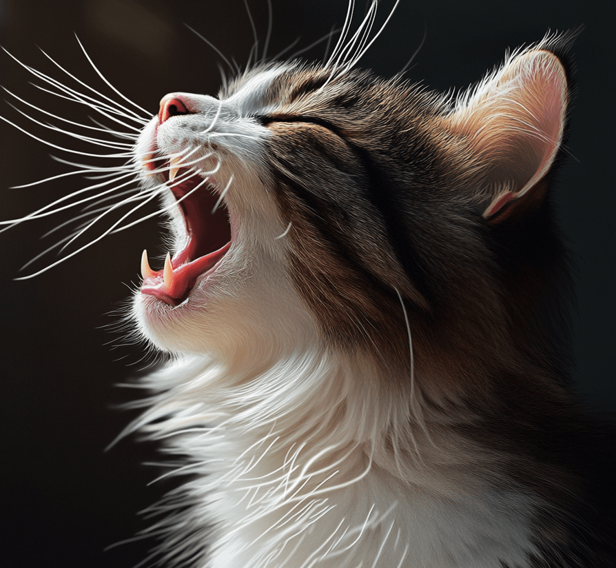 A cat meowing with varying levels of vocalization, showing an image of a cat with an open mouth in mid-meow. This could also include an infographic showing different vocalizations such as meows, purring, or growling. 