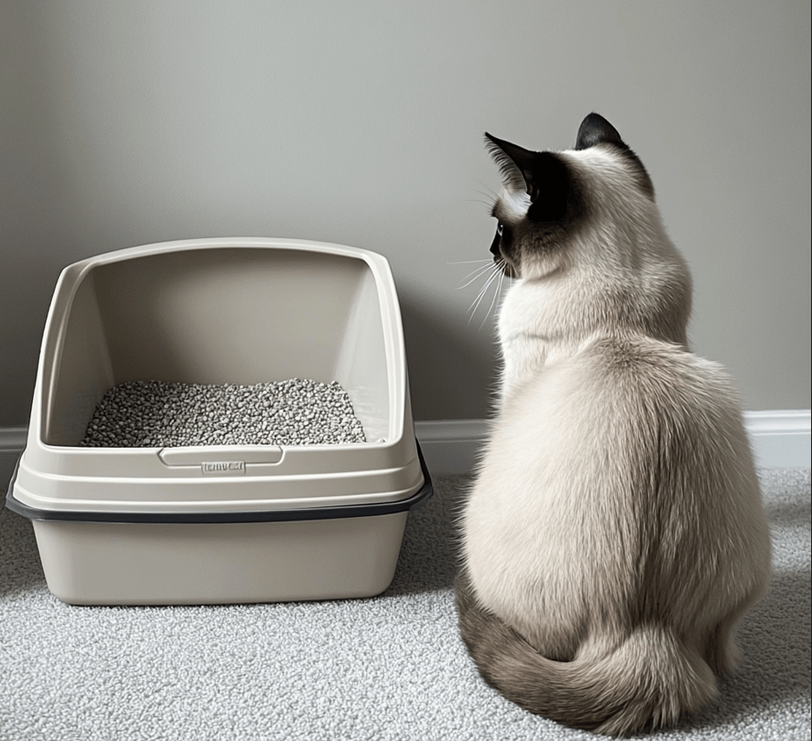 An image showing a cat in front of a litter box with an unhappy or stressed expression, indicating that something is wrong. Alternatively, the litter box could show an issue, such as being too dirty or in an inappropriate location. 