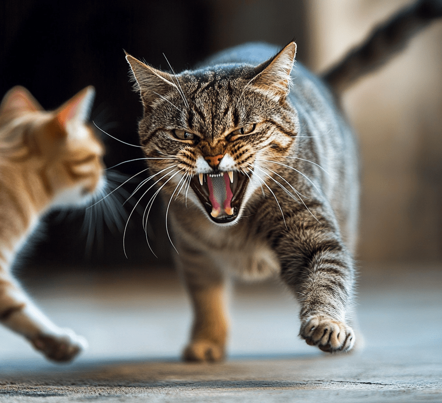 A cat displaying aggressive behavior such as hissing, showing claws, or puffing up in response to an unfamiliar situation or a new pet. 