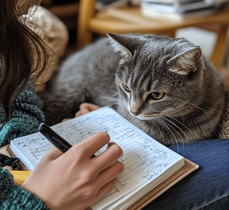 An image of a person observing and documenting changes in their cat’s behavior. The cat is in the foreground, and the person is writing in a notebook or using a phone to record the behavior. 