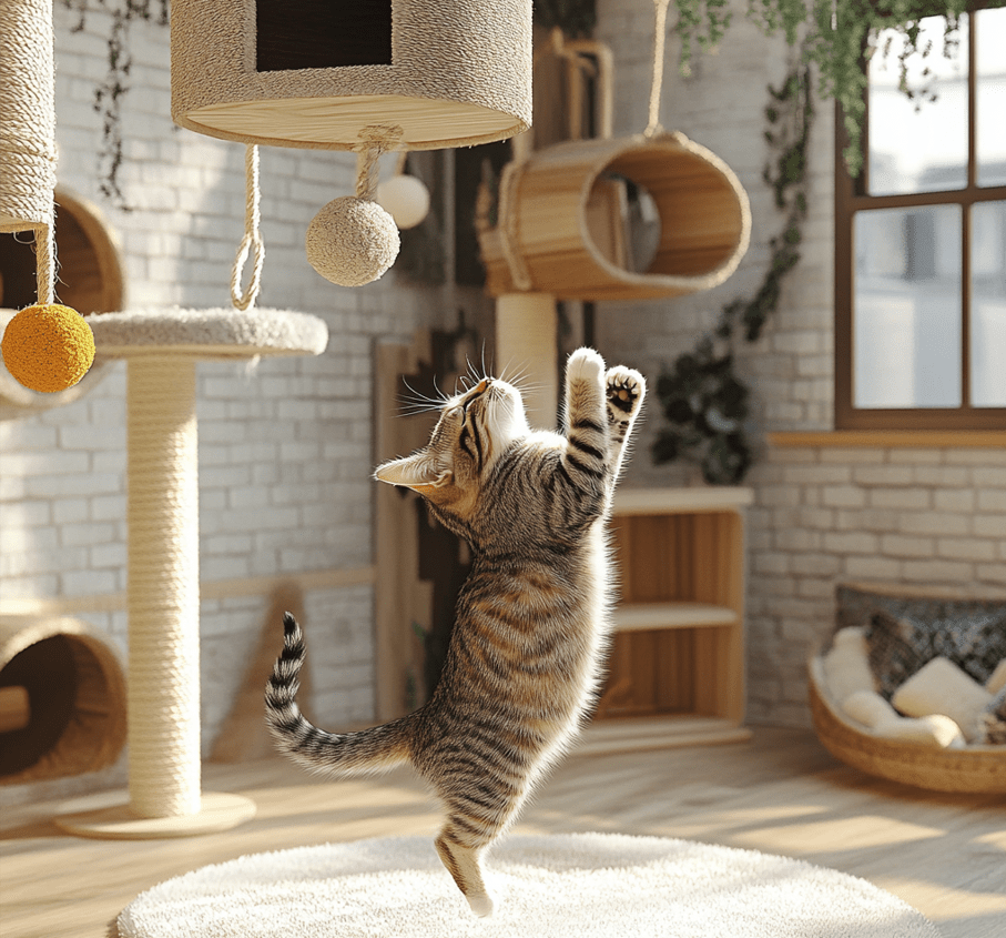 A cat playing with toys in a cozy, stimulating environment. This could include a cat climbing on a cat tree or interacting with various toys scattered around the room. 