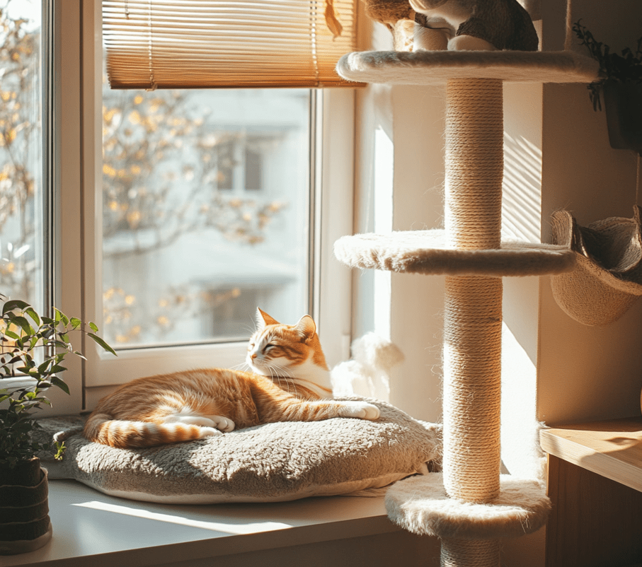 A cozy and organized cat-friendly space featuring a cat tree, scratching posts, interactive toys, and a sunlit window with a cat lounging on a perch. The room should feel inviting and harmonious.
