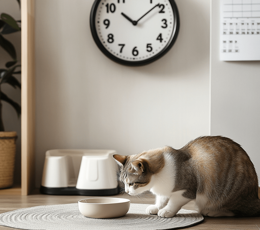 A serene morning scene with a cat eating from a clean bowl while another litter box is visible in the background. A clock and a calendar on the wall subtly indicate a maintained routine.
