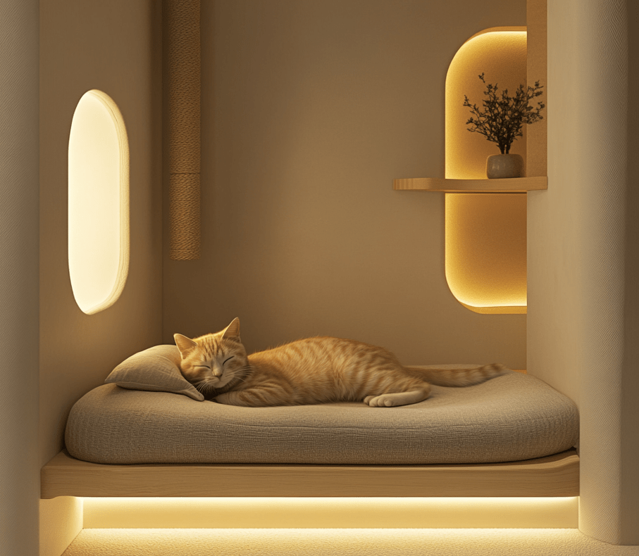 A quiet, soundproofed room with a calm cat resting on a cushioned bed. The image shows minimal furniture and soft lighting, emphasizing a stress-free environment.
