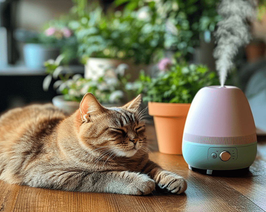 A cat enjoying the effects of calming aids, lying near a pheromone diffuser on a table. The background includes cat-safe plants like valerian or chamomile in decorative pots.
