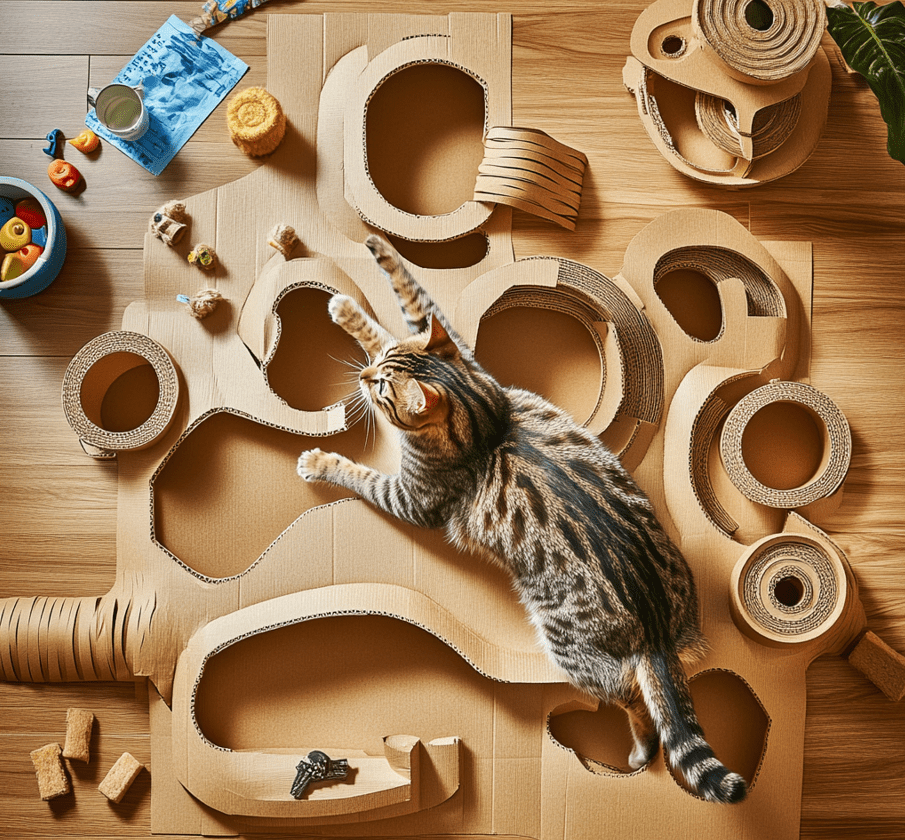 A playful scene of a cat exploring a DIY cardboard maze puzzle. The cat is reaching into a hole in the cardboard with curiosity. The surroundings are tidy, with a mix of toys, scratching posts, and a bowl of water nearby.