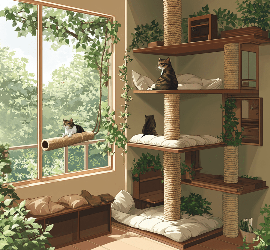 A cozy living room redesigned for a cat's comfort, featuring a tall cat tree, shelves with soft cushions, a window perch with a view of a garden, and a small fenced-in outdoor area (catio). A cat is perched on one of the shelves, observing its surroundings.