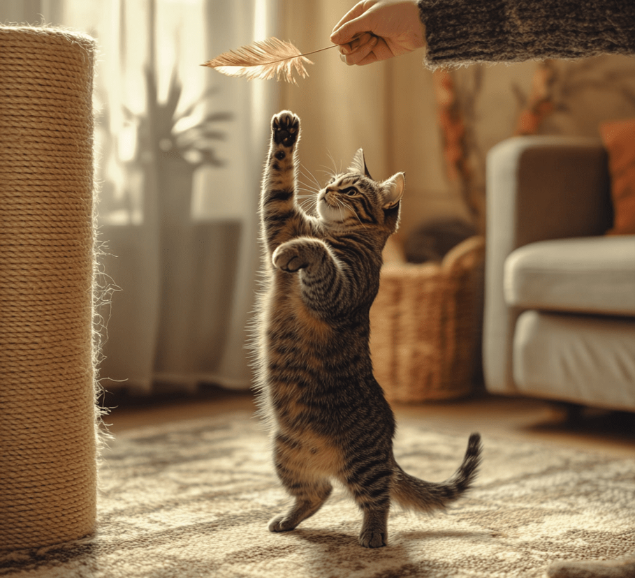 A person playing with their cat using a feather wand toy. The cat leaps into the air in mid-play, showing excitement and energy. The background is a simple living room with warm tones, a cozy rug, and a scratching post.