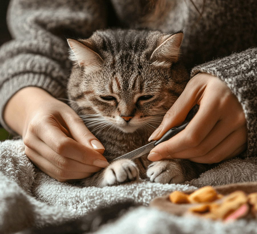 A close-up of a person gently trimming a cat's nails using a small pet-safe nail clipper. The cat sits calmly on a soft towel, with the person's hands visible and careful in action. A grooming brush and treats are placed nearby.