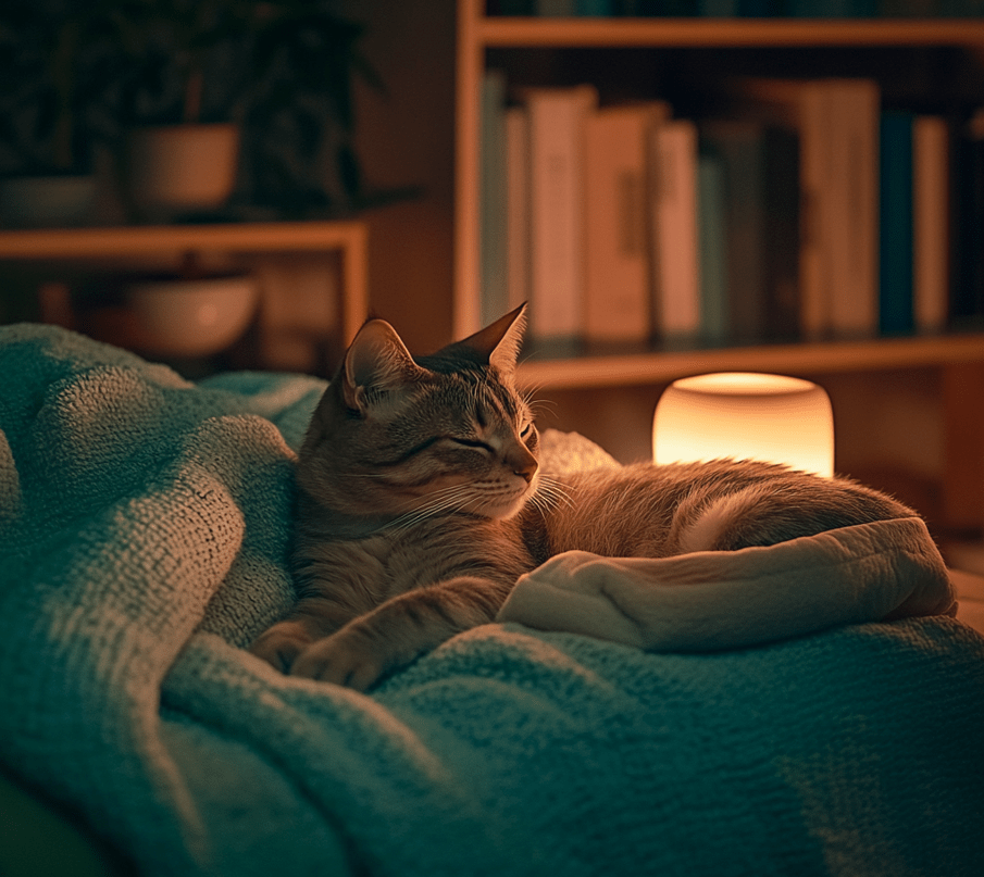 A serene cat resting peacefully in a soundproofed room, featuring soft blankets, dim lighting, and a low-noise air purifier. The background includes bookshelves and a small bed designed for the cat.