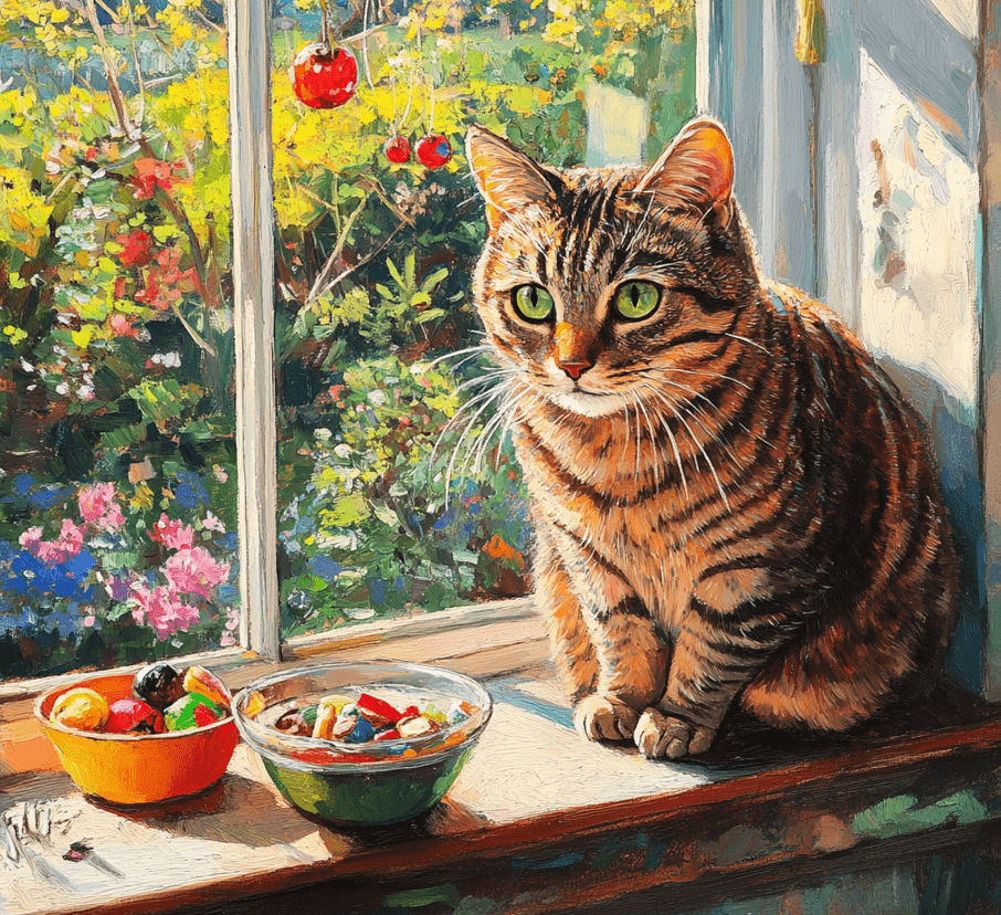 A joyful cat sitting on a windowsill, looking outside with bright eyes. The scene includes a vibrant garden view, with toys scattered around the sill and a small bowl of treats beside the cat. The atmosphere conveys happiness and health.