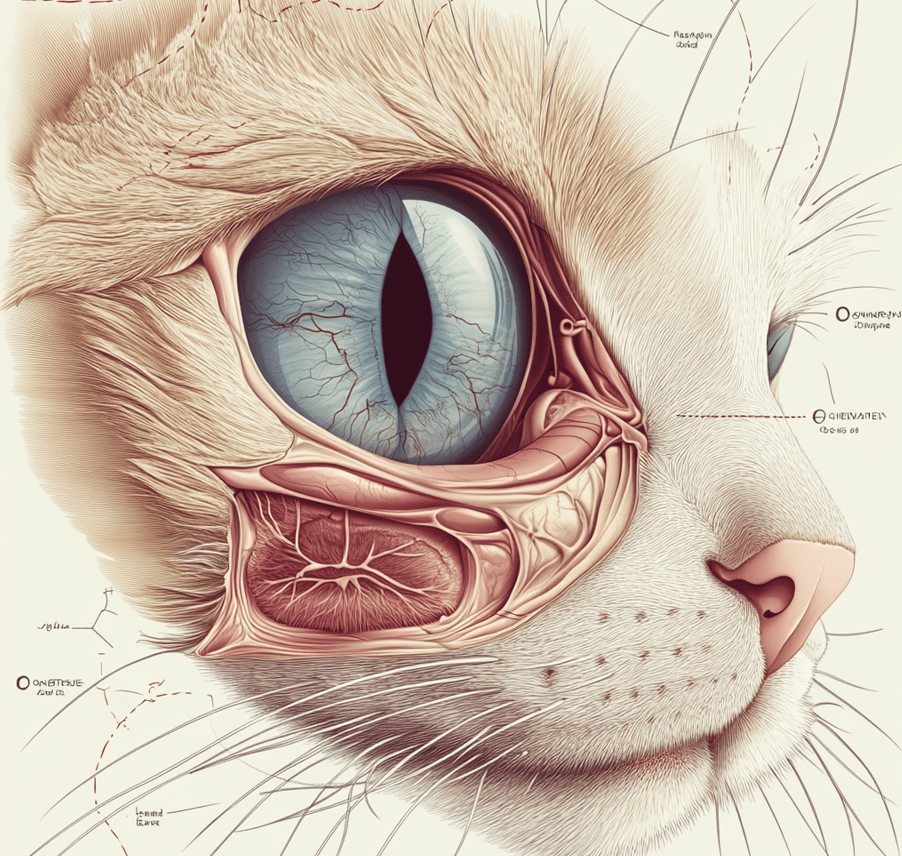  An anatomical diagram of a cat’s eye with labels for key parts like the cornea, sclera, retina, and optic nerve.