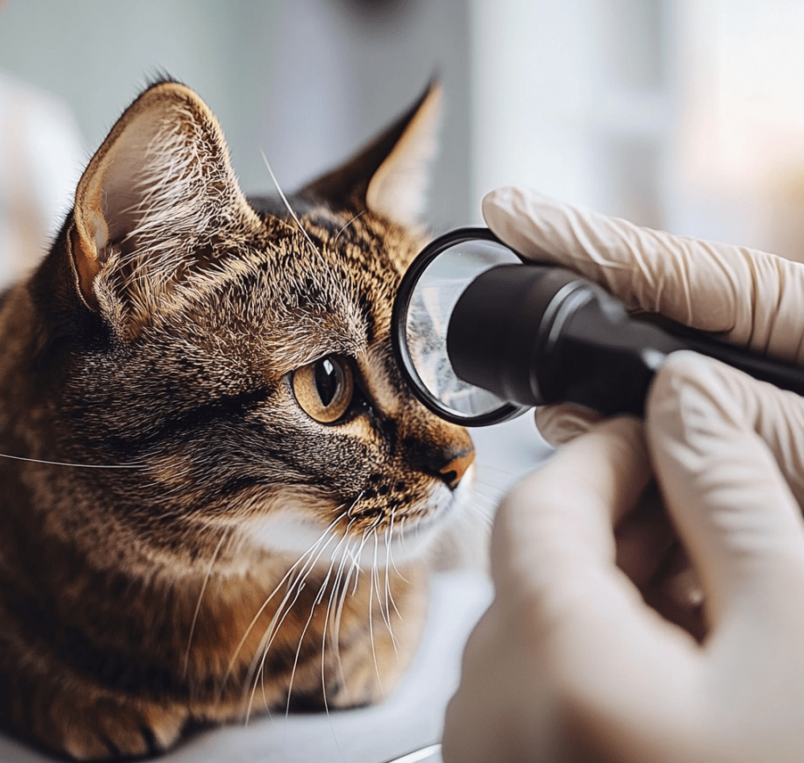 A veterinarian examining a cat's eye with specialized equipment. 