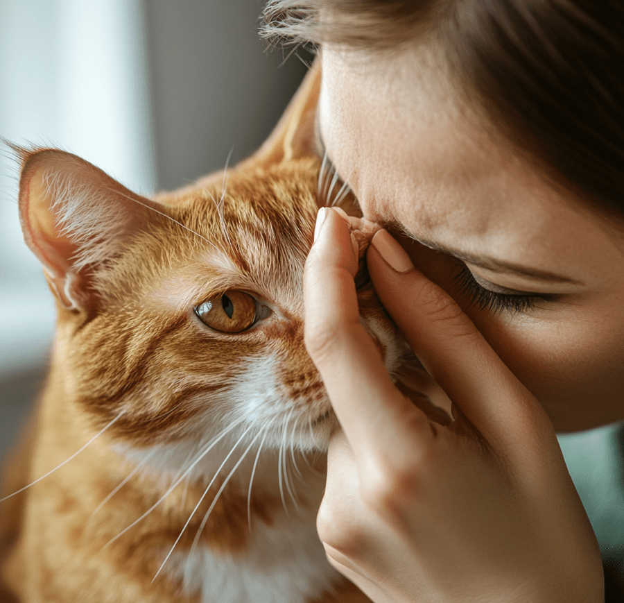 A concerned pet owner holding their cat, looking at it closely for eye symptoms.