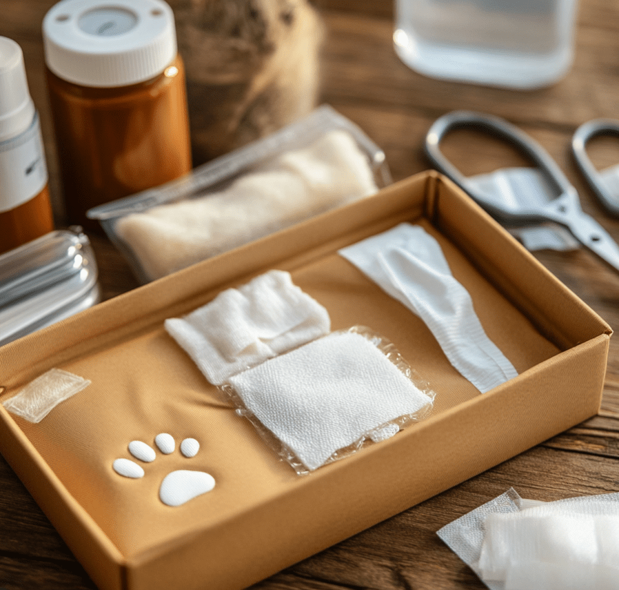 a well-organized first-aid kit for cats. Items such as sterile gauze, bandages, adhesive tape, antiseptic wipes, scissors, a thermometer, and a small bottle of saline solution are neatly arranged on a wooden table, with a small paw print visible on the box lid.