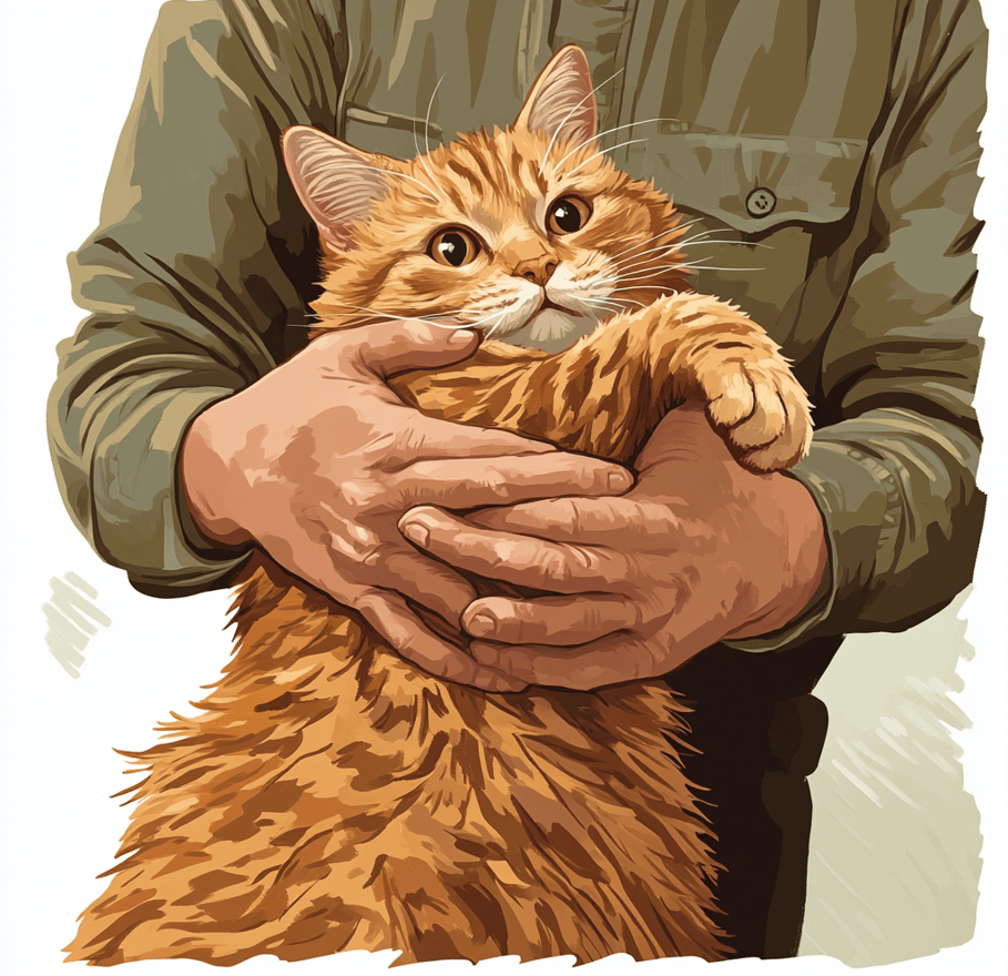 a person holding the cat with their back against the chest, using gentle upward pressure under the ribcage. The background is simple and focused on the technique.