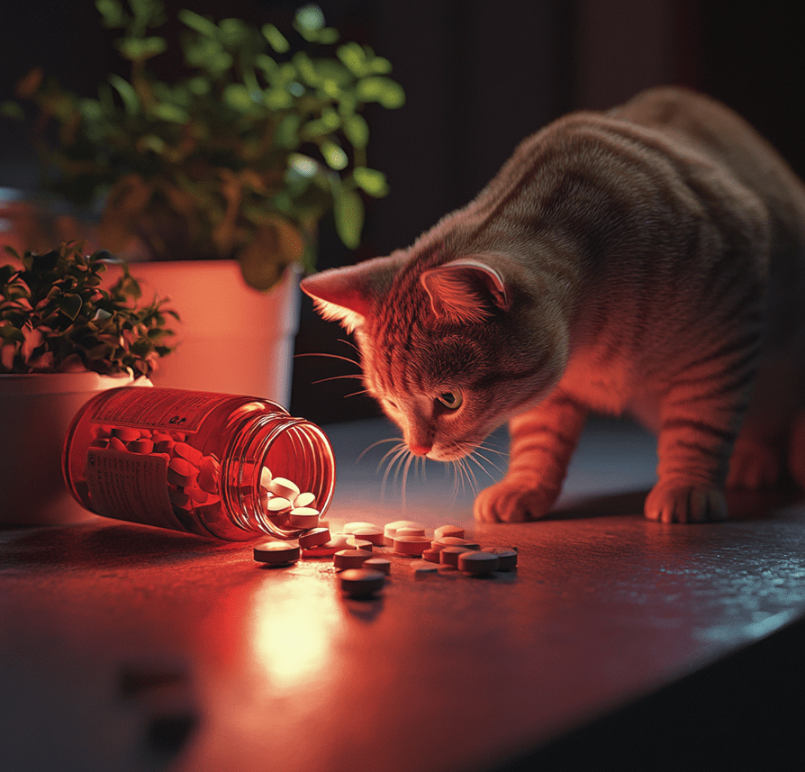 a curious cat sniffing a spilled bottle of pills on a kitchen counter. Nearby, there are a few scattered tablets and a small potted plant. The lighting highlights the danger, with a subtle red glow on the pills for emphasis.