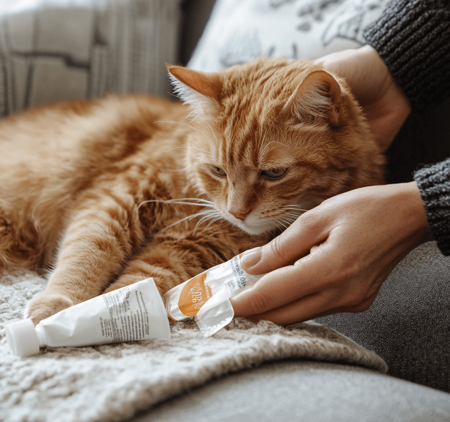 A caring scene showing a cat with a minor burn on its paw being treated with a cold compress. The person applying the compress looks calm and focused, with a tube of antimicrobial gel and sterile dressing placed nearby. The setting is a clean and cozy home environment.