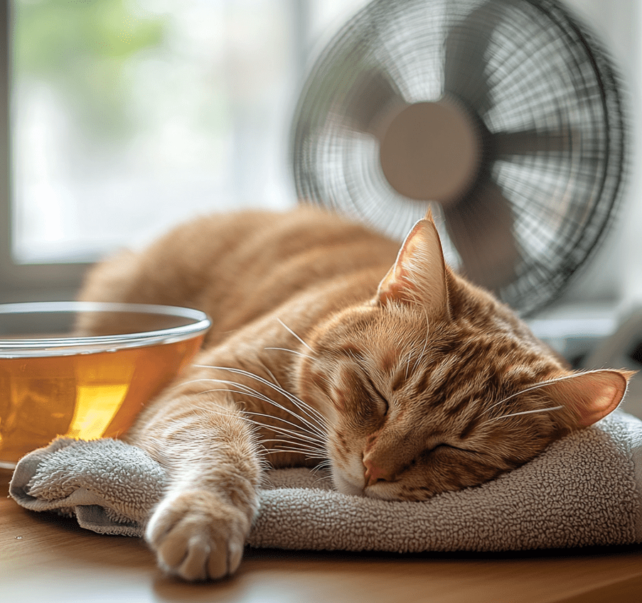 a cat resting on a cool, damp towel, looking relieved. A bowl of fresh water and an electric fan are in the background. The atmosphere is bright and refreshing, indicating a cool environment created to alleviate heatstroke.