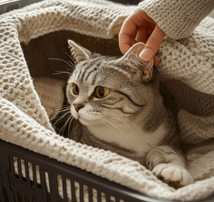 A gentle scene of an injured cat being placed into a comfortable pet carrier lined with a soft blanket. The carrier is open, and the cat looks calm, with a reassuring hand of the owner visible. The background is soft and neutral, emphasizing safety and comfort.