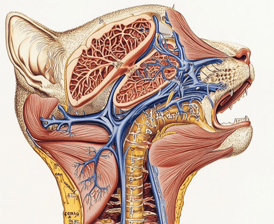 An anatomical diagram of a cat's respiratory system showing both the upper (nose, throat, and sinuses) and lower (trachea, bronchi, and lungs) parts.
