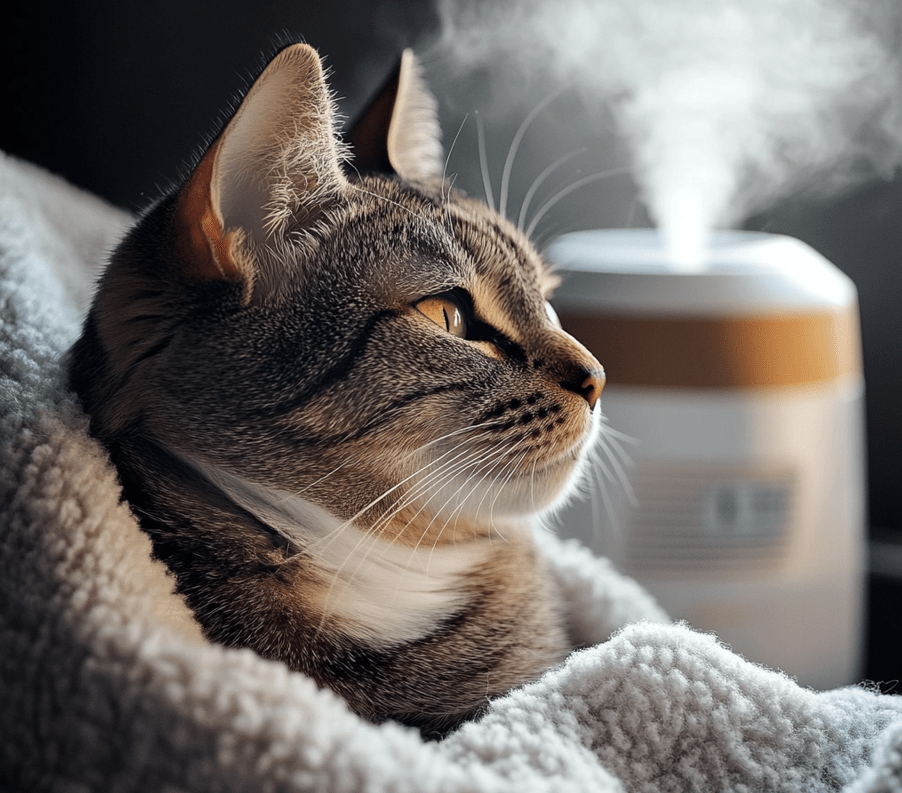 A cat with watery eyes and a runny nose, sitting in a cozy, humidified environment.
