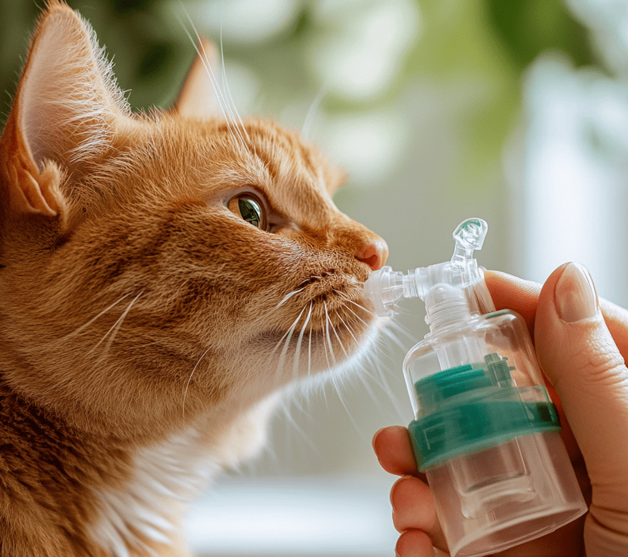 A concerned cat owner using a small inhaler or nebulizer for their cat, highlighting treatment.
