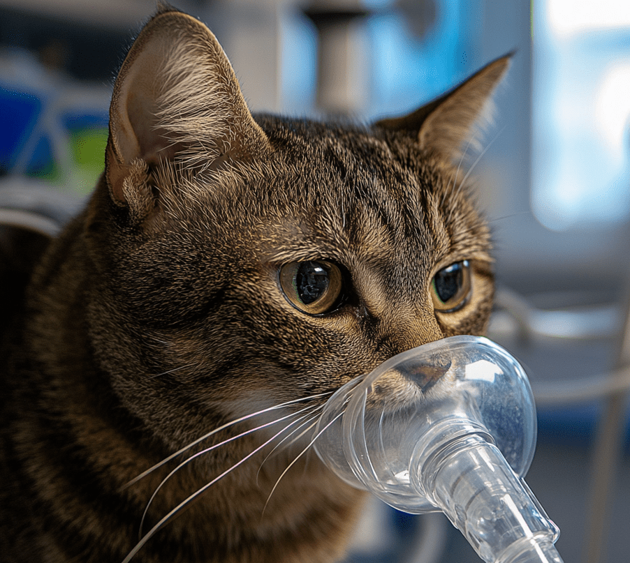 A cat in a veterinary clinic receiving oxygen therapy in a controlled setting.
