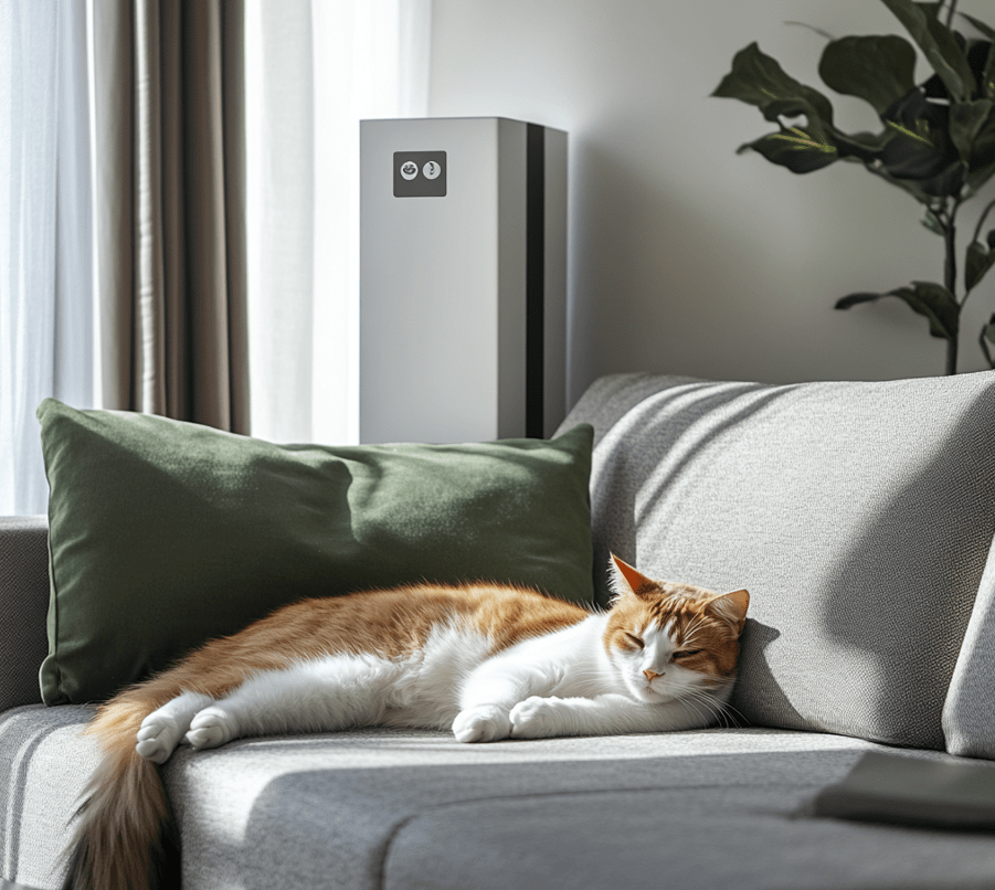 A living room scene with a cat in a clean, smoke-free environment. Visible air purifiers or no-smoking signs emphasize the importance of reducing allergens.
