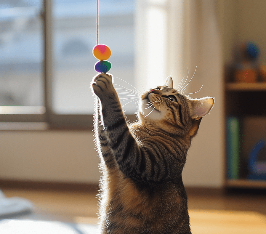 A happy and healthy cat playing with a toy in a bright and clean home, symbolizing the benefits of proactive care.
