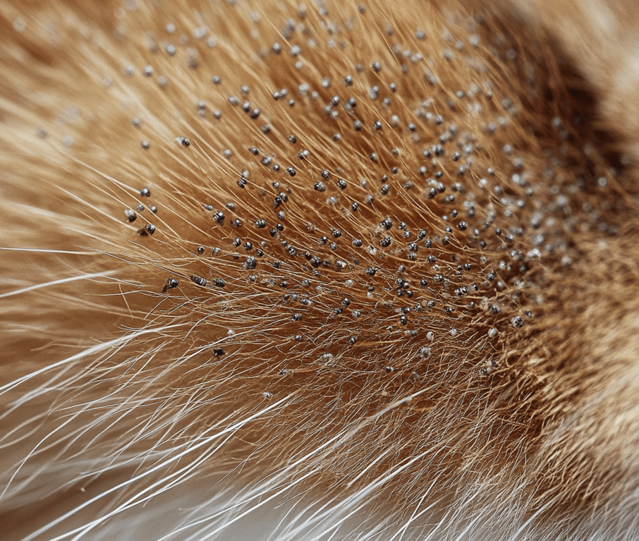 A close-up of a flea infestation on a cat, showing small fleas on its fur, possibly with a magnified view of one flea. 