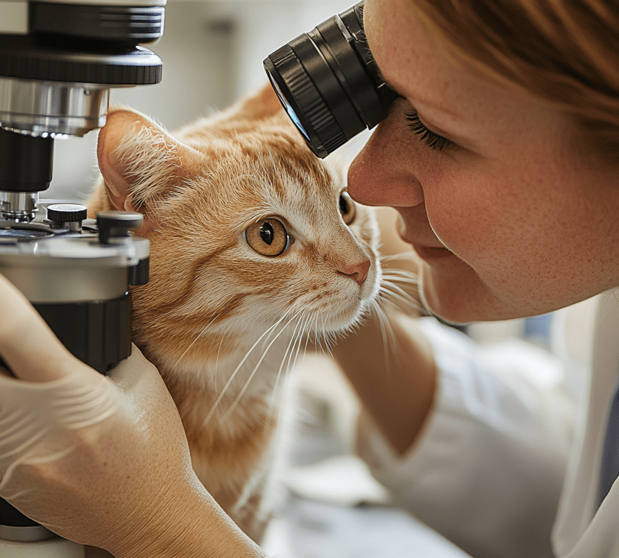 A veterinarian examining a cat’s skin, perhaps using a magnifying glass or a microscope to identify skin issues like mites or fungi.
