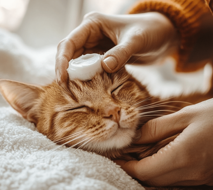 A cat receiving topical treatment or medication for skin issues, such as ointment being applied to its skin.
