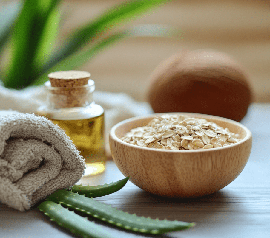 A bowl of oatmeal for an oatmeal bath or coconut oil and aloe vera placed on a table as home remedies for skin conditions.
