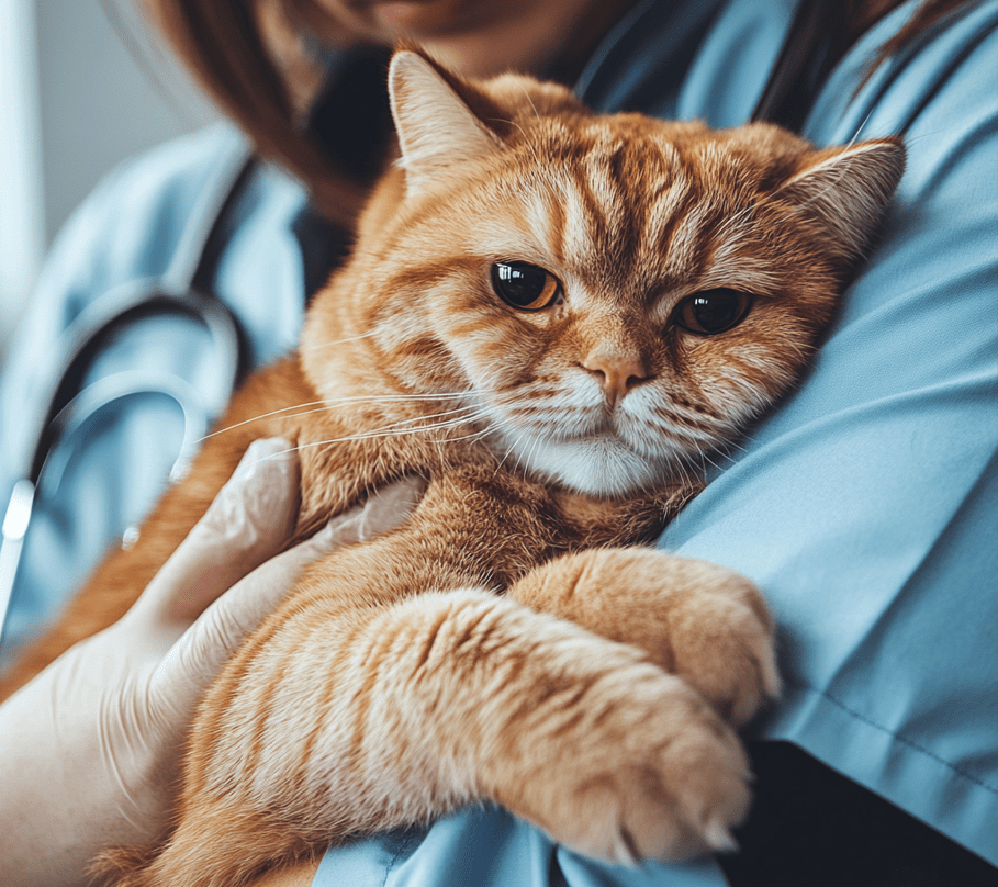 A worried cat owner holding their cat while visiting the veterinarian, showing concern about a skin condition.
