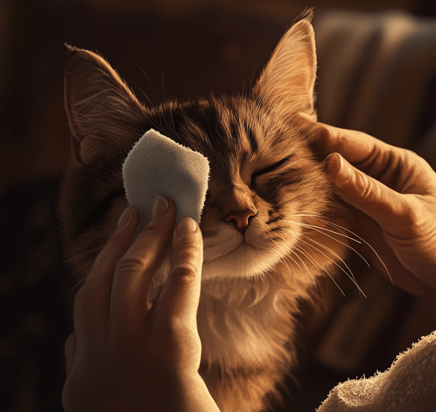 A caregiver gently cleaning a cat's ear using a gauze pad and cleaning solution. The cat looks calm and cooperative.
