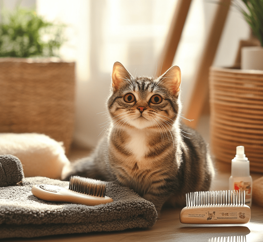  A happy, well-groomed cat sitting in a clean home environment with grooming tools and parasite prevention products nearby.
