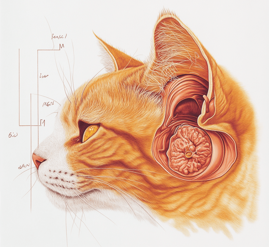 A serious illustration showing the progression of an ear infection in a cat, from a mild external infection to a severe inner ear infection affecting balance.
