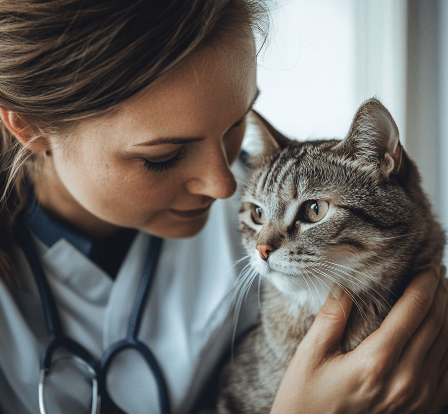 A concerned pet owner examining their cat with visible signs like a small lump or a change in behavior. 