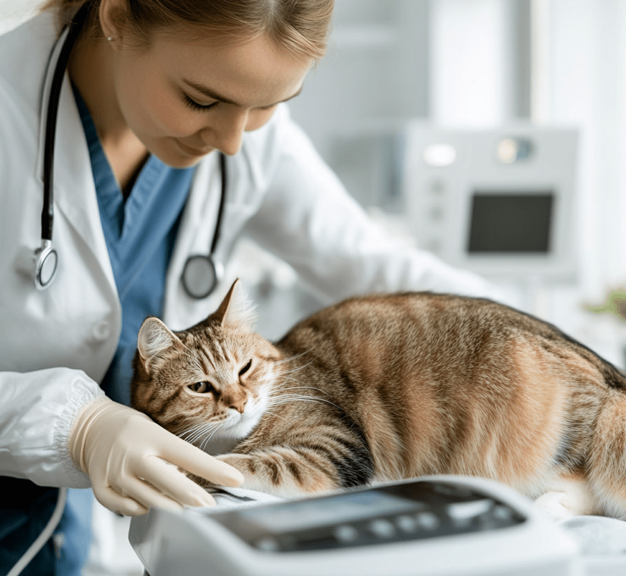  A veterinarian conducting an ultrasound on a cat in a modern clinic setting. 