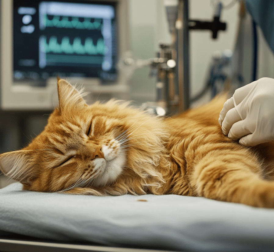 A depiction of a cat receiving treatment, such as a cat calmly sitting on a table with a veterinarian administering medicine or care. 