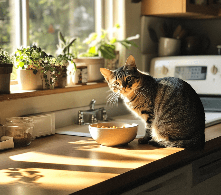 A happy, healthy cat eating from a bowl, symbolizing the importance of diet and weight management. 