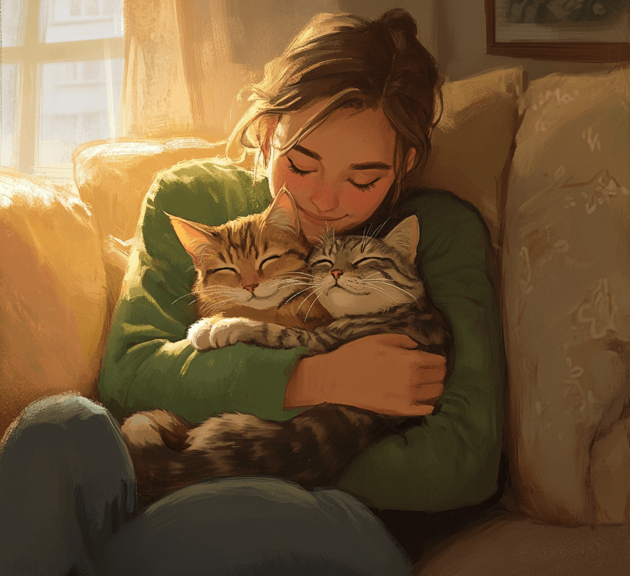 A heartwarming image of a cat being cuddled by its owner, symbolizing hope and connection. 