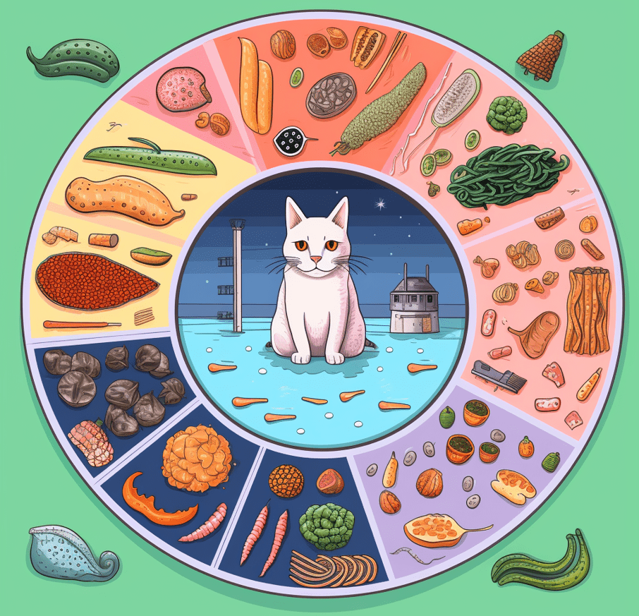 Icons or a collage representing various causes such as spoiled food, stress, parasites, and medications. 