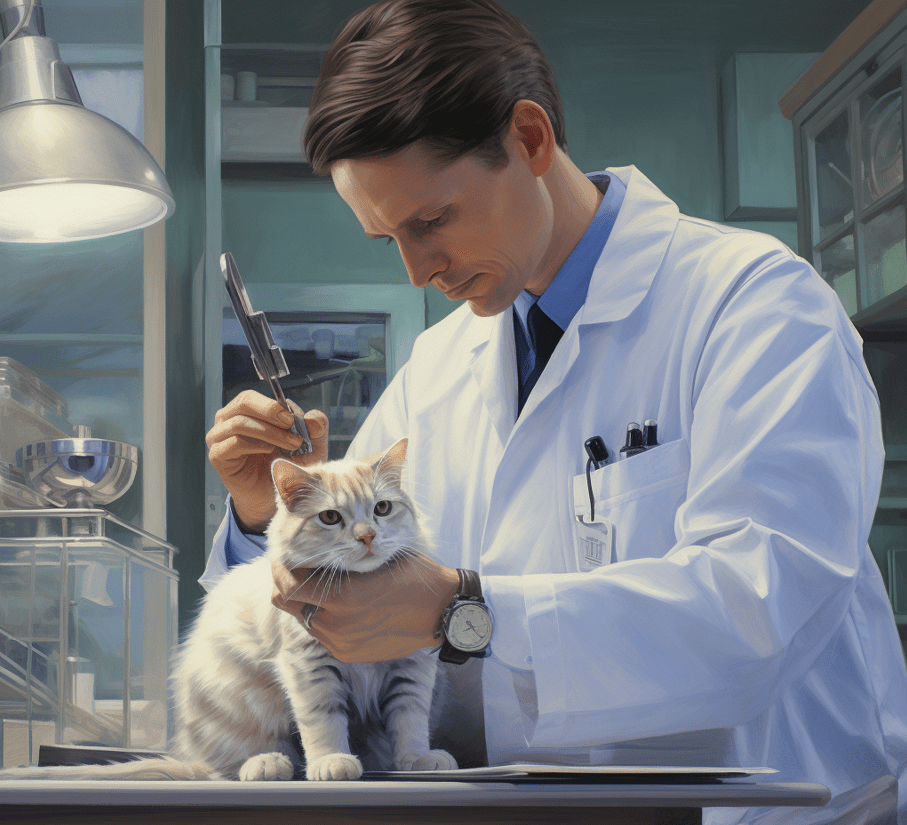 A veterinarian examining a cat on an examination table, with medical equipment visible in the background. 