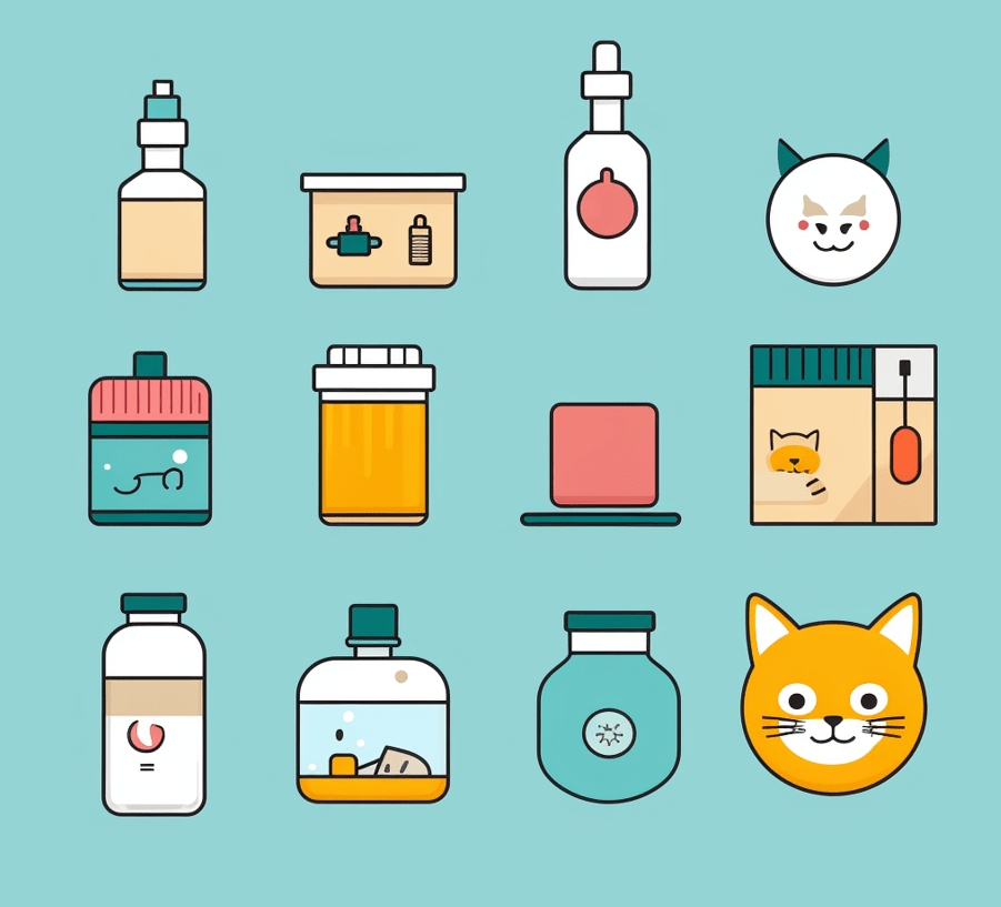 A set of icons or visuals showing treatment methods, such as a prescription bottle, syringe, probiotics container, and a cat eating from a bowl. 